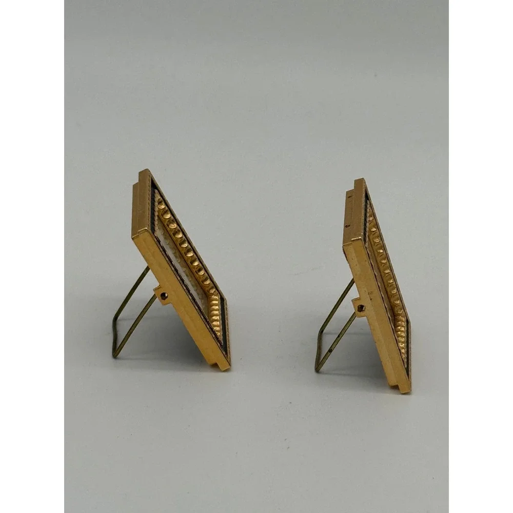 Vintage 80s Mini Picture Frames Black Enamel Gold Scalloped Desk Decor Pair